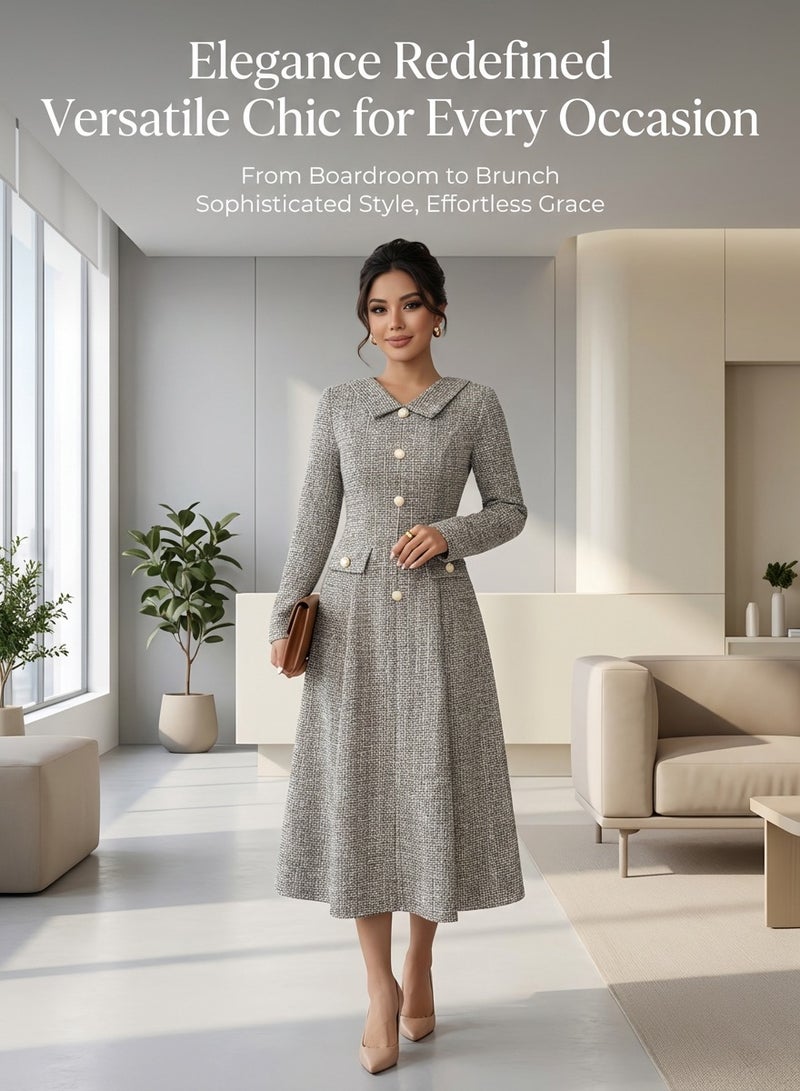 MS MIN Elegant Lapel Long-Sleeve Midi Dress, Tweed Fabric Waist-Cinching Modest Dress for Daily & Office - Image 4